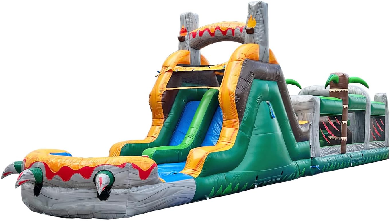HeroKiddo T-Rex inflatable obstacle course review, HeroKiddo 42ft obstacle course review and rating, HeroKiddo T-Rex water slide review pros cons, is HeroKiddo T-Rex obstacle course worth buying, HeroKiddo commercial grade PVC inflatable review, HeroKiddo dual lane water slide review honest opinion - detailed features and technical specifications
